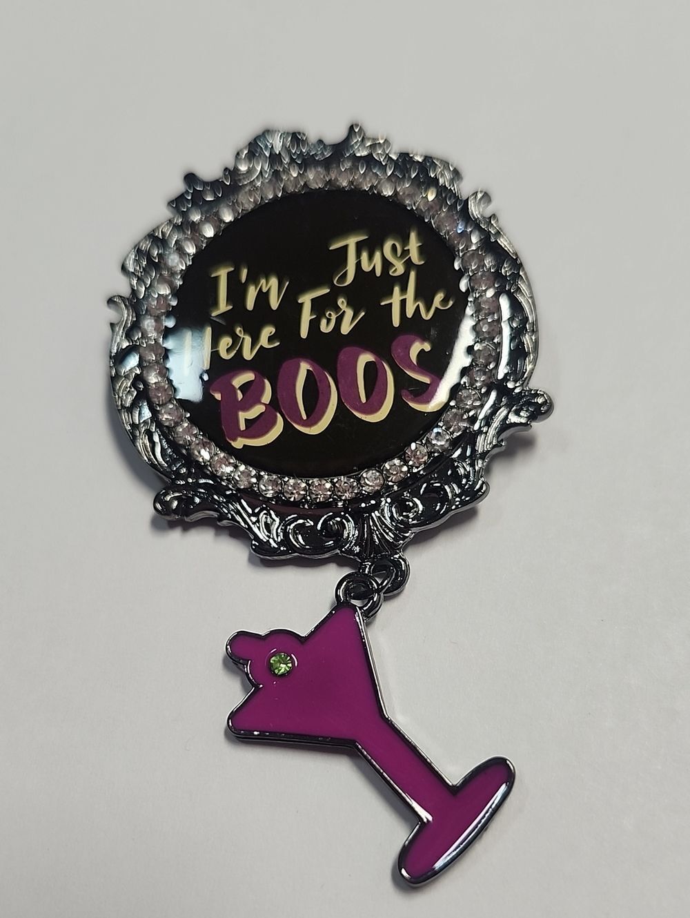 Halloween 'I'm Just Here For the Boos' Pin Brooch with Purple Martini Charm
